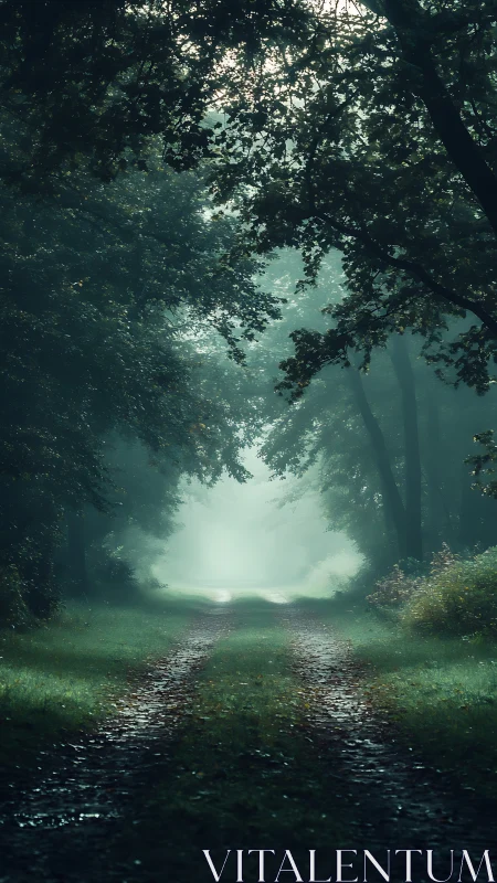 Luminous Forest Path Through Misty Woodland Canopy.