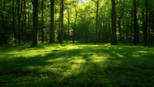 Sunlit forest landscape with lush greenery and tranquil atmosphere.