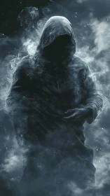 Hooded human silhouette enveloped in dense swirling smoke.