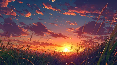 Spectral gradient sunset over wind-bent meadow grasses panorama.