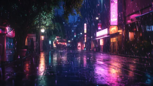 Neon rain stroll through a quiet, glowing city street at night.