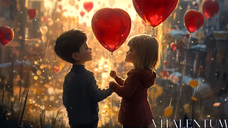 Children with Heart Balloons in Golden Cityscape.