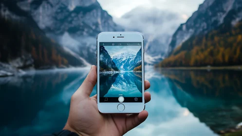 Hand holding smartphone before alpine lake and mountains.