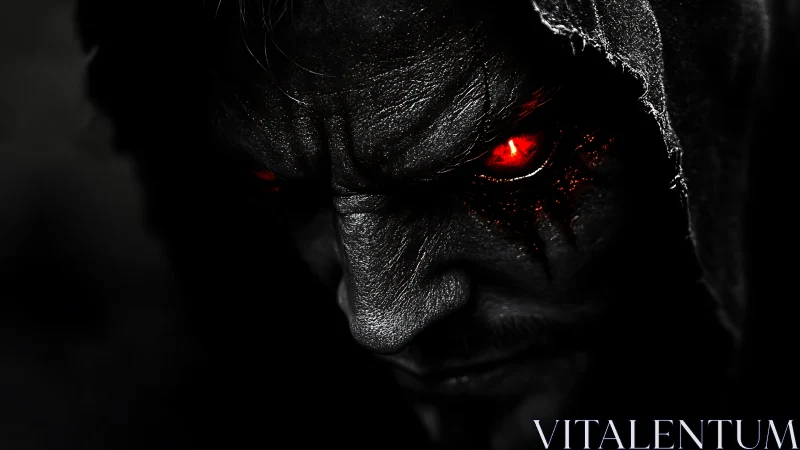Dark hooded figure glows with fierce, burning red eyes