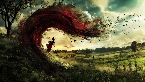 Silhouetted figure within red swirling vortex over field.