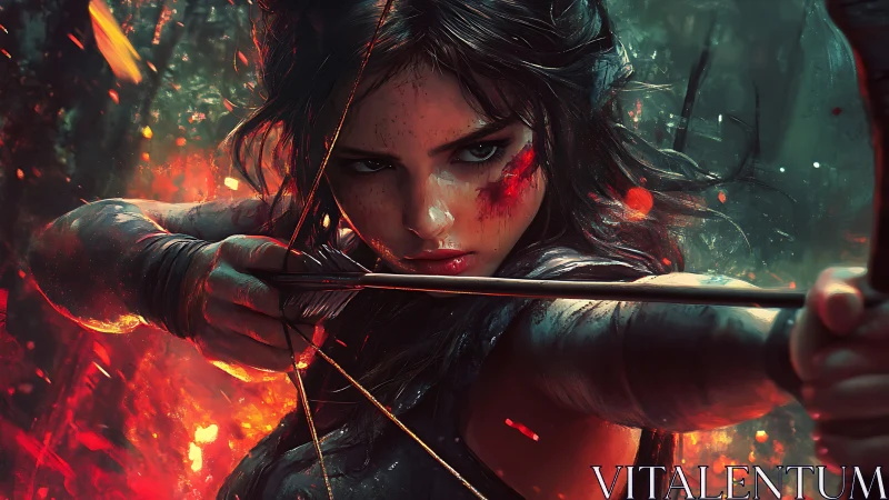 Fierce huntress draws her bow amid embers and jungle fire