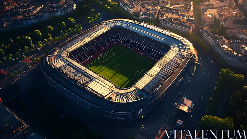 Rectangular football stadium viewed from elevated perspective