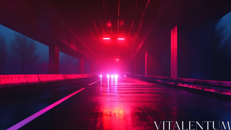 Neon lights burn through a foggy cyberpunk freeway tunnel