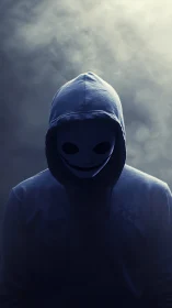 Hooded figure in eerie mask amid drifting studio fog.