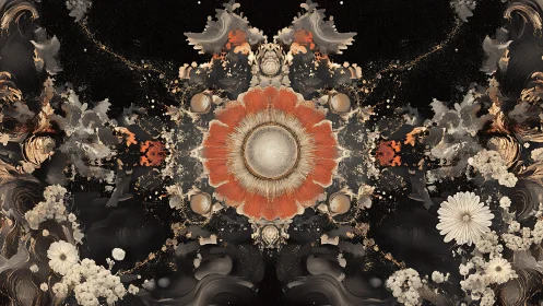 Cosmic chrysanthemum blooms in a dark abstract cosmos