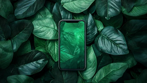 Smartphone window glows like a secret portal in wild leaves.