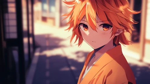 Orange haired anime youth in yukata on sunlit alleyway
