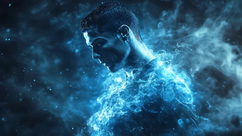 Futuristic athlete silhouette wrapped in electric blue smoke