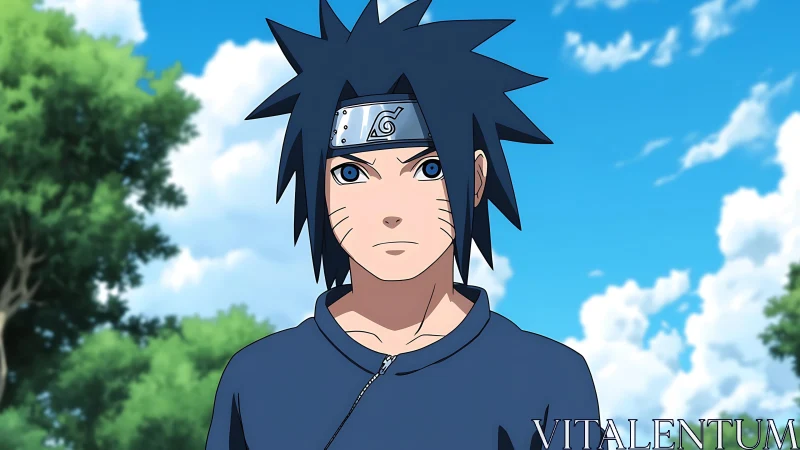 Anime boy in blue jacket stares ahead under bright sky