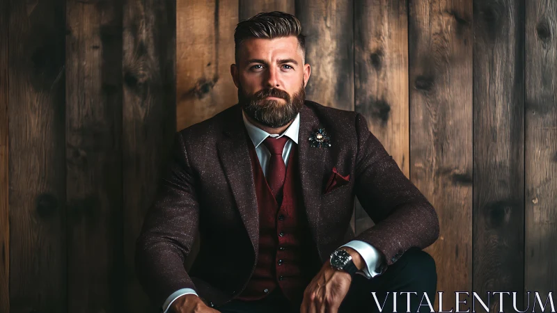 Bearded gentleman seated against rustic wooden backdrop in suit