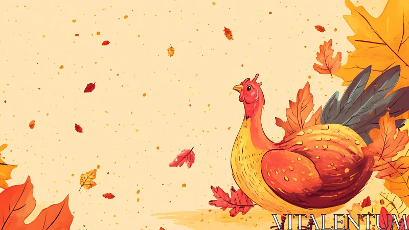 Illustration of red rooster with autumn leaves on cream background.