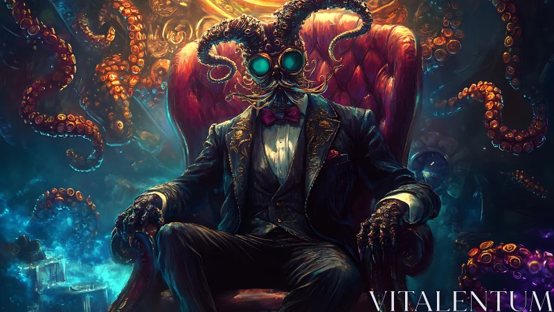 Eldritch gentleman in crimson armchair dominates neon abyss