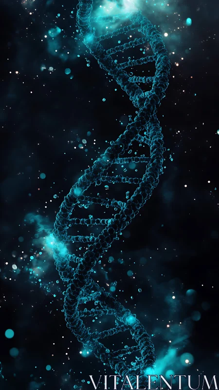 Digitally rendered DNA double helix in dark space field.