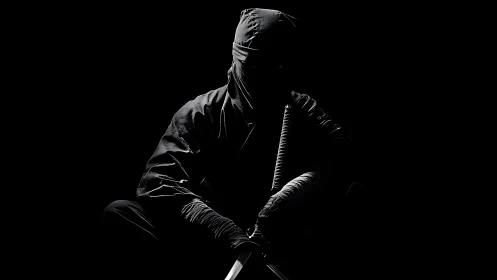 Silent ninja warrior waits in dramatic low key shadow