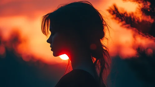 Silhouetted woman contemplates quietly against a burning sunset