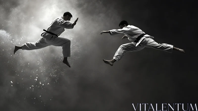 Skybound martial artists colliding in explosive silhouette.