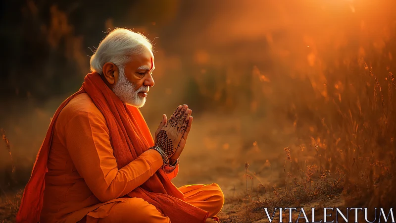 Sunlit sage in saffron prayer beneath a glowing horizon.