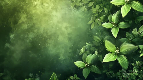 Soft green garden drift with glowing leaves and quiet light.