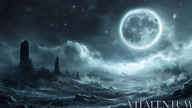 Large moon illuminates desolate rocky plain under clouds