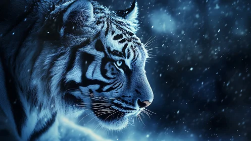 Side profile of tiger in blue toned falling snow scene.