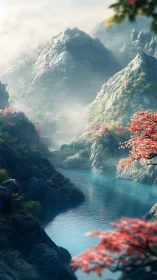 Misty mountain gorge with turquoise river and red foliage