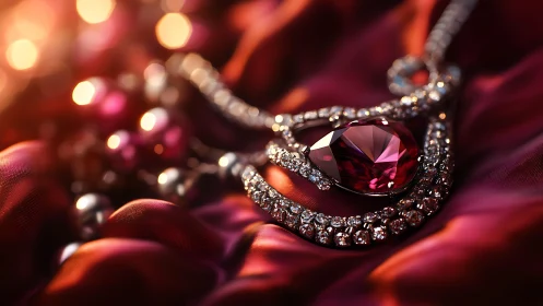 Gemstone pendant on red satin fabric surface, close view.