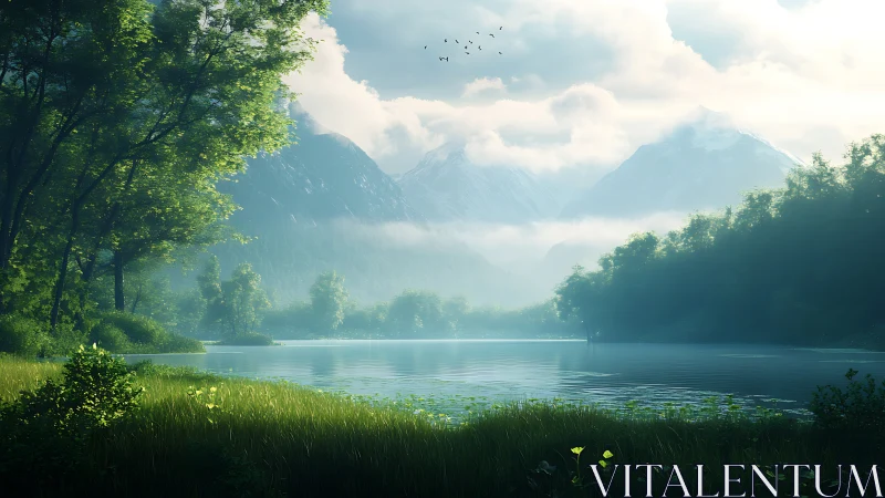 Morning hush drapes a mirror lake below cloud crowned peaks