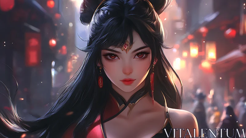 Digital portrait depicts woman in ornate attire in street