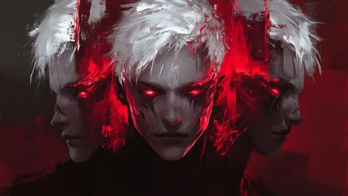 Triadic spectral portrait with fragmented red spectral overlays.