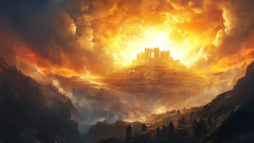 Pilgrims Crossing Embered Valleys Toward the Dawn Citadel.