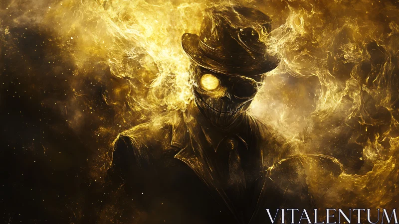 Skeletal figure in suit within swirling golden smoke field.
