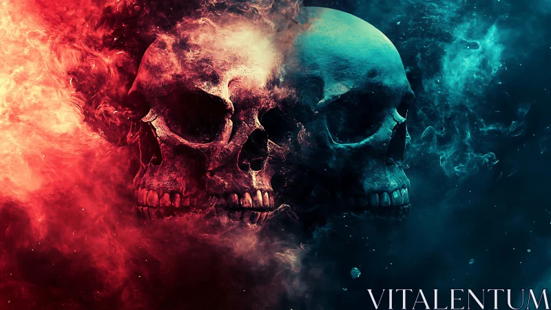 Twin flaming skulls split by red and blue infernal smoke.
