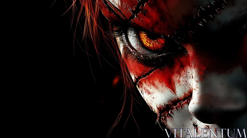 Stitched demonic face with glowing eye on black background.