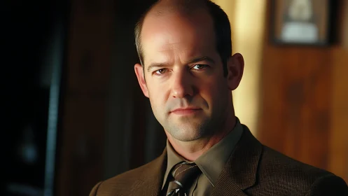 Steady gaze sharpens the quiet weight of a suited resolve