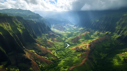 Sunlit tropical valley with steep green mountain ridges.