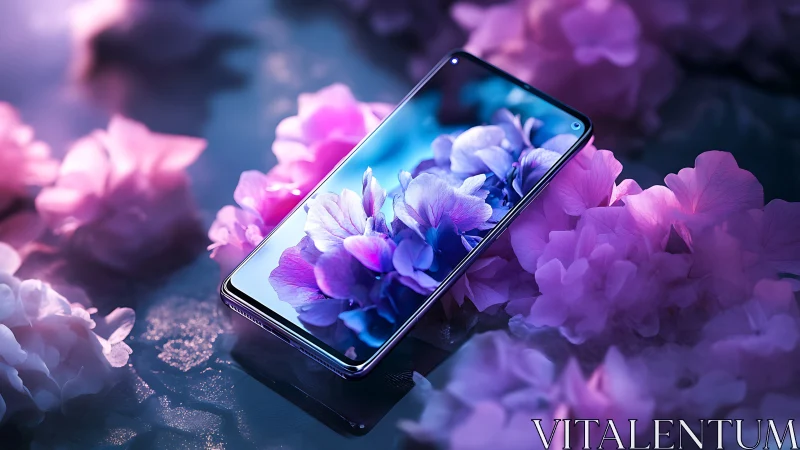 Neon blossom smartphone dreaming in ultraviolet petalscape.