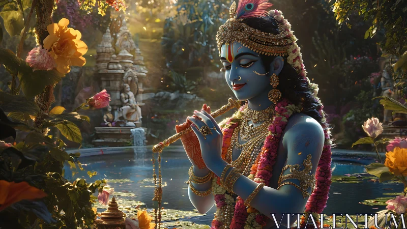 Highly detailed blue deity portrait with ornate jewelry in garden