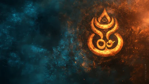 Fiery sigil emblem amid turbulent blue orange nebular field