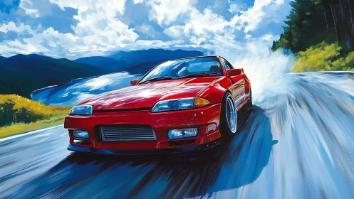 Red sports car is rendered drifting on a lakeside road
