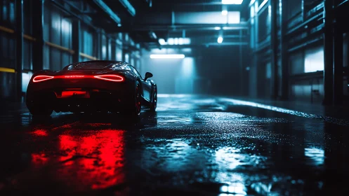 Rear view of sports car in wet industrial garage at night.