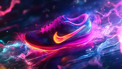 Neon-lit athletic sneaker rendered in dynamic cyber-glow effects