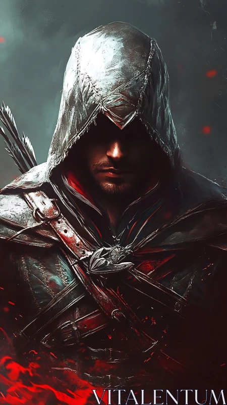 Hooded rogue in dark armor with blades and red embers.