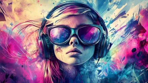 Chromatic audio-portrait of headphone-clad girl in neon field.