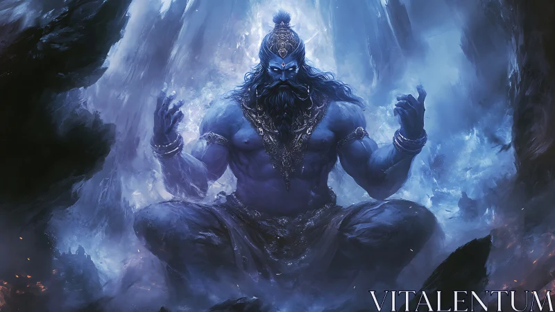 Mystic blue titan in tranquil stormlit meditation.
