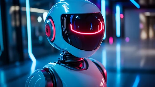 Friendly neon-lit robot greeter in a sleek futuristic hallway.